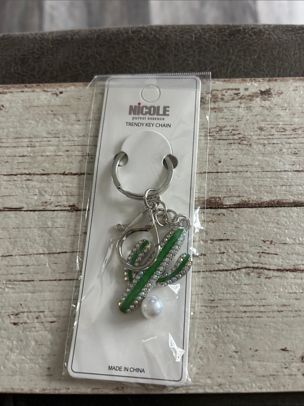 5/)25 Nicole Green Cactus Keychain with Pearl Accent